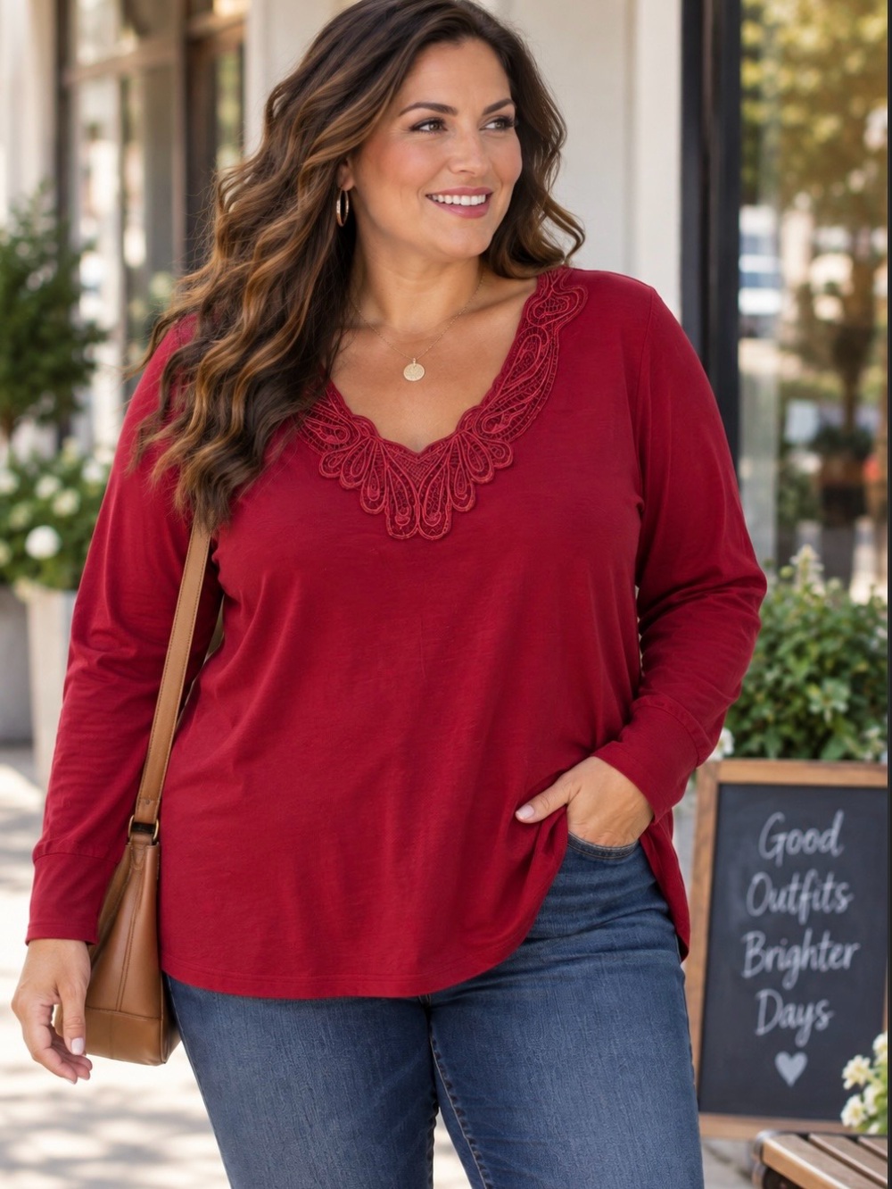St. John's Bay Deep Red V-Neck Long Sleeve Top with Embroidered Trim